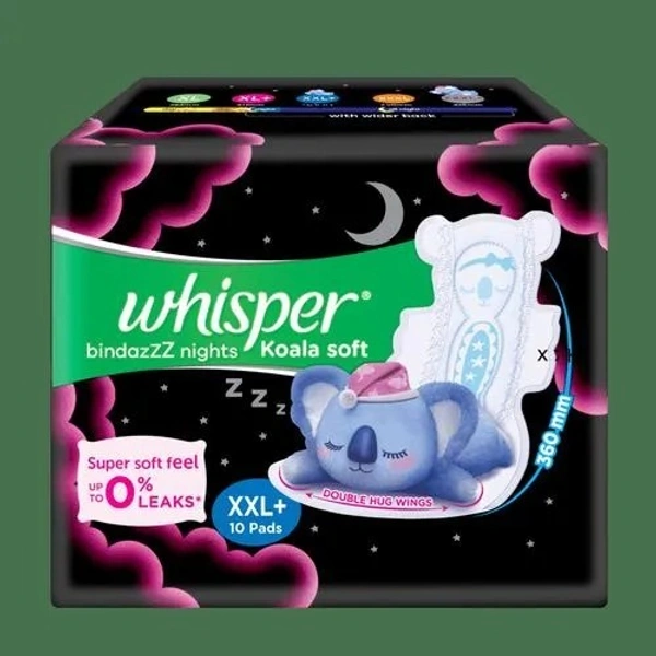 Whisper Bindazzz Nights Koala Soft Sanitary Pads - XXL Plus, Double Huge Wings, Wider Back, 10 pcs - XXL Plus, 10 PCS