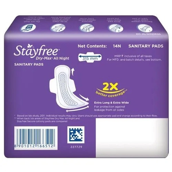 STAYFREE Dry-Max All Night XL - Sanitary Pads For Women, With Wings, 14 pcs - XL, 14 PCS