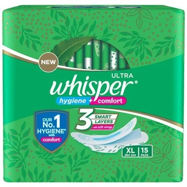 Whisper Sanitary Pads - XL Wings, Ultra Clean, 15 pcs - XL, 15 pcs
