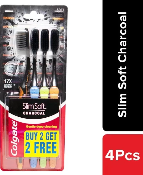 Colgate SlimSoft Charcoal Soft Black Bristles Toothbrush, 4 Pcs, (Buy 2 Get 2 Free) - 4 Toothbrushes