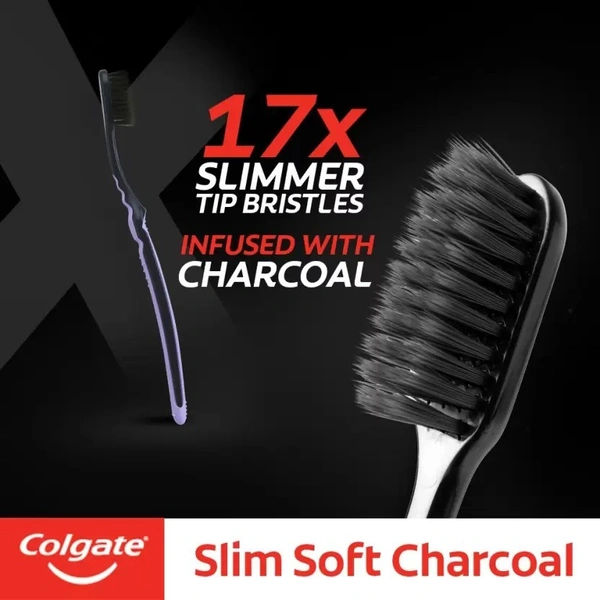 Colgate SlimSoft Charcoal Soft Black Bristles Toothbrush, 4 Pcs, (Buy 2 Get 2 Free) - 4 Toothbrushes