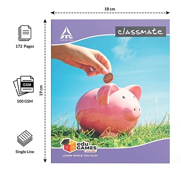 Classmate Notebook - Single Line, 172 Pages, 190 mm x 155 mm - Pack Of 4 - Pack Of 4