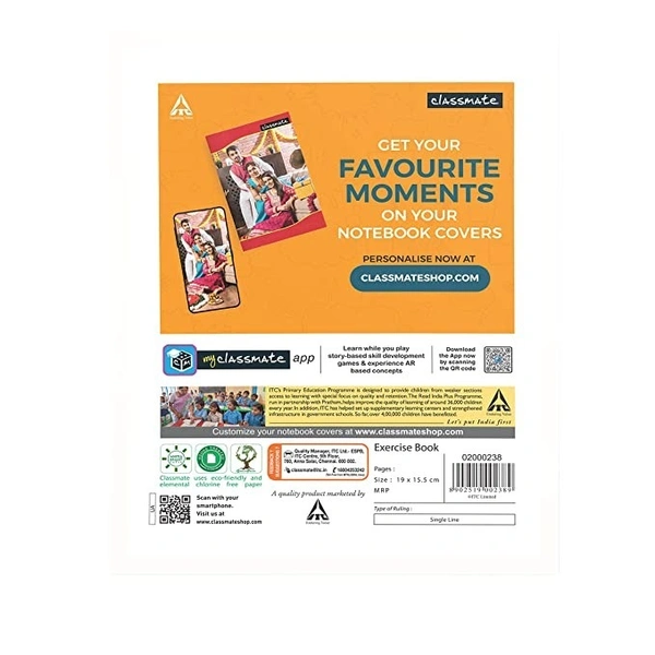 Classmate Notebook - Single Line, 172 Pages, 190 mm x 155 mm - Pack Of 4 - Pack Of 4