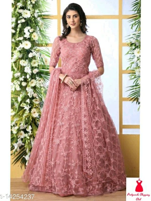 Net Fabric Anarkali Pink Semi Stitch Gown