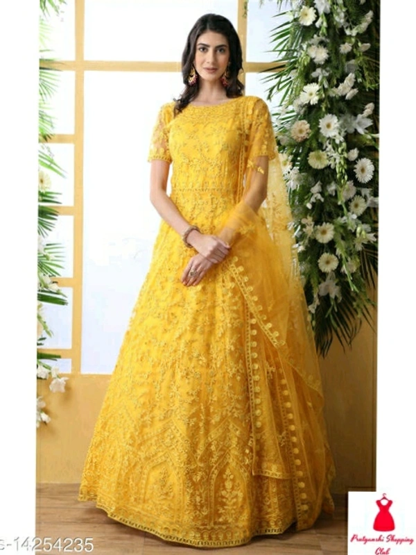Net Fabric Anarkali Yellow Semi Stitch Gown