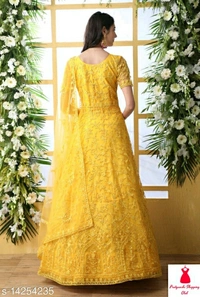 Net Fabric Anarkali Yellow Semi Stitch Gown