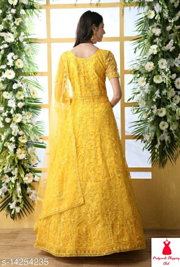 Net Fabric Anarkali Yellow Semi Stitch Gown