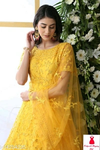 Net Fabric Anarkali Yellow Semi Stitch Gown