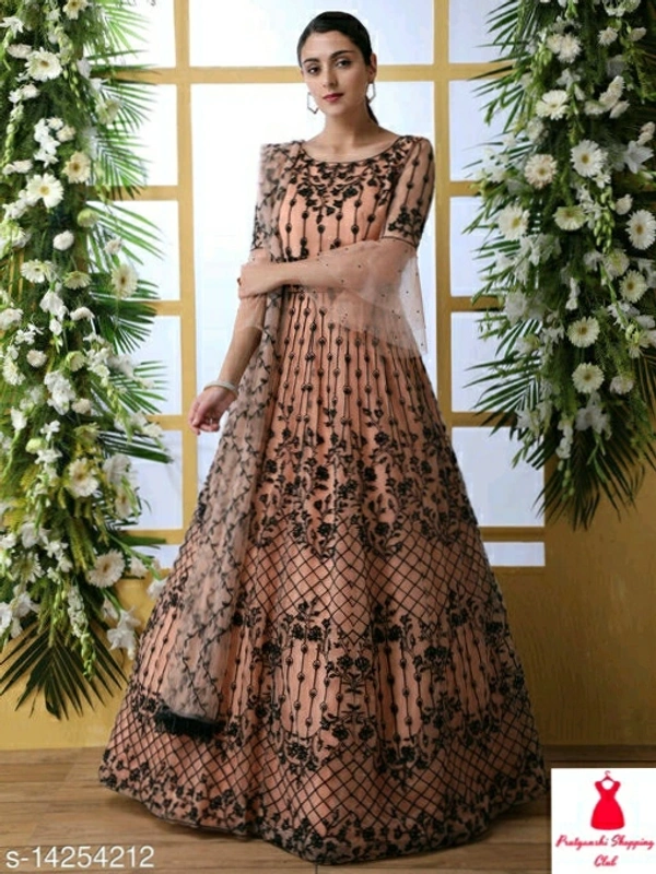 Net Fabric Anarkali Peach Semi Stitch Gown