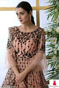 Net Fabric Anarkali Peach Semi Stitch Gown