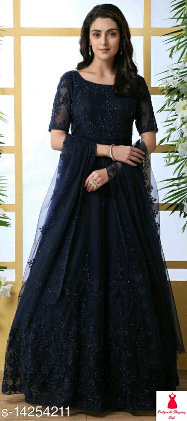 Net Fabric Anarkali Nevyblue Semi Stitch Gown
