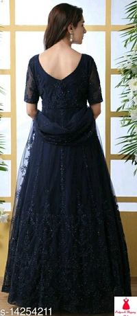 Net Fabric Anarkali Nevyblue Semi Stitch Gown