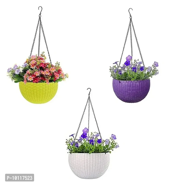3 Pieces Woven Design Hanging Euro Basket , Hanging Flower Pot For Indoor And Outdoor With Chain Plant Container Set