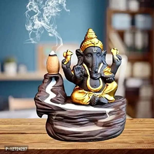 Ganesha Smoke Fountain Backflow Waterfall Cone Incense Holder Showpiece Statue(Gold, Brown)