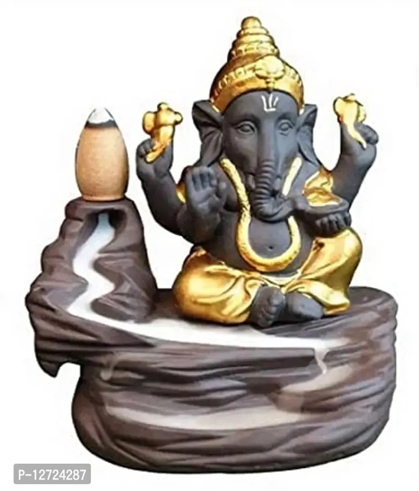 Ganesha Smoke Fountain Backflow Waterfall Cone Incense Holder Showpiece Statue(Gold, Brown)