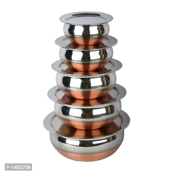 Stainless Steel Copper Base Serving Bowls Handi Set Of 5 Pieces With Lids,Handi Set With Lid /Serving Bowl Set/Cookware Set/Sauce Pot/ And Handis (500 Ml,750ml,1000ml,1500,Ml,2000ml,5piece Handi 5
