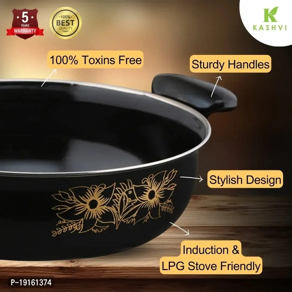 Kashvi Kitchen Accessories /Kadai/Kadhai Karahi Pan Non Stick Induction Cookware Cooking Cooktop Combo Set Made Of Cast Iron 