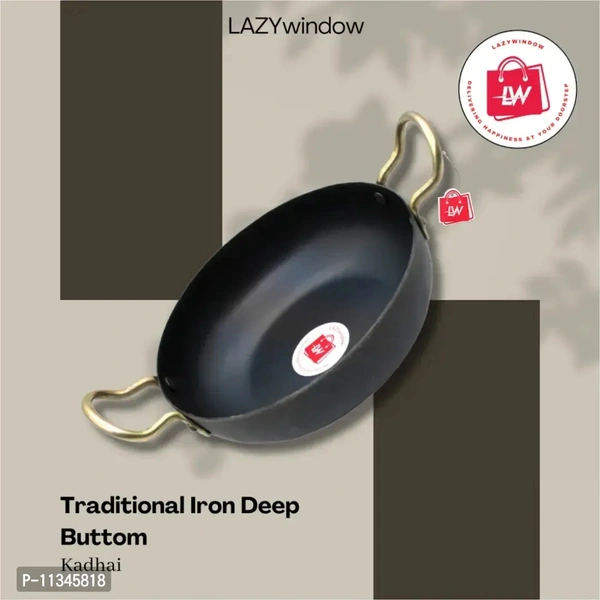 Lazy window Traditional Iron Kadhai Deep Bottom Kadai /Fry Pan / Frying Kadhai With Handle 8 Inch /19cm