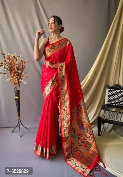 Red silk jacquard woven saree with blouse - Lilots - 4188440