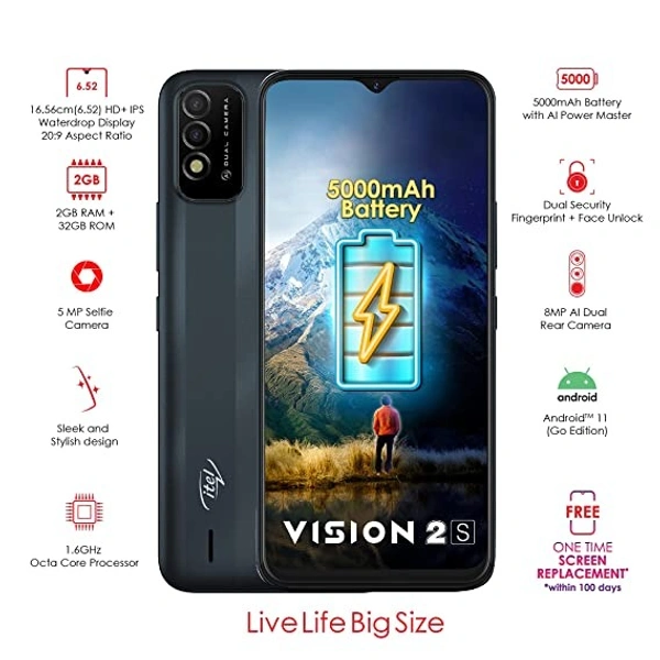 itel Vision2S (Deep Blue, 6.52'' HD+, 5000mAh Battery, 2GB RAM 32GB ROM, 8MP AI Dual Camera) (P651L)