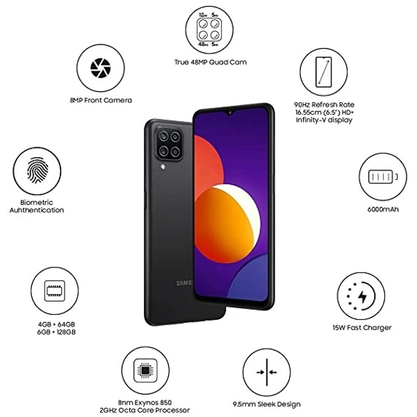 Samsung Galaxy M12 (Black,4GB RAM, 64GB Storage) 6000 mAh with 8nm Processor | True 48 MP Quad Camera | 90Hz 