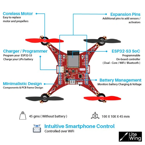 LiteWing - ESP32 based Programmable Drone Development Board with Battery for Makers, Developers and Educators (Ready to Fly) Q20 C2