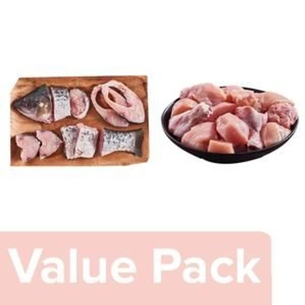 Chicken Curry Cut 500 g + Rohu Fish Large Curry Cut 500 g, Combo 2 Items - 1 Pack