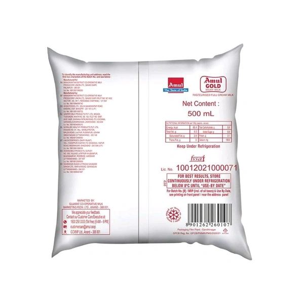 Amul Gold Full Cream Fresh Milk 500 Ml - 500 Ml