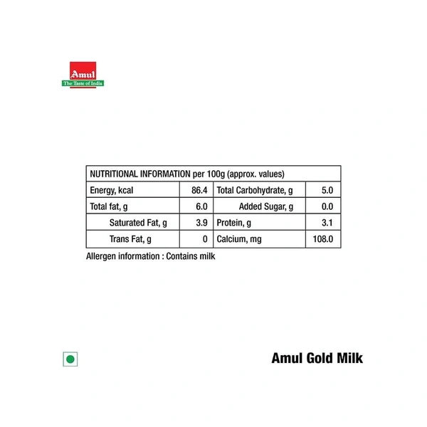 Amul Gold Full Cream Fresh Milk 500 Ml - 500 Ml