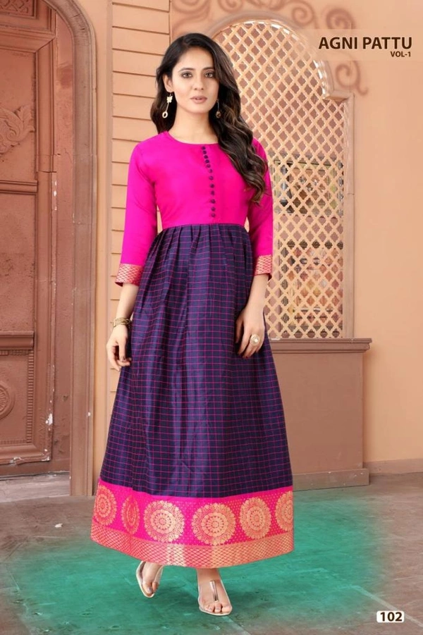 Amara Fashions Agni Pattu Traditional Silk Gown AGNI PATTU SILK GOWN - L, Pink and Blue