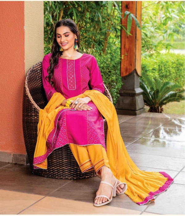 Amara Fashions - Mayree India MAYREE Salwar Suits - L, Pink and Yellow