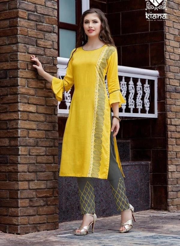 Amara Fashions Kiana Kurtis Kiana Kurtis Top and Bottom Set - 4XL, Yellow and Grey