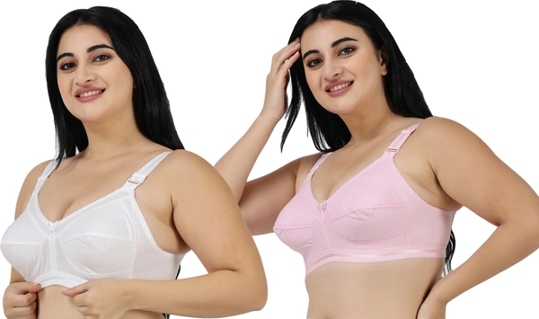 Ladyland Full Coverage Non padded Cotton Bra - 32C, No, Western Wear, PAck Of 2, White::Pink