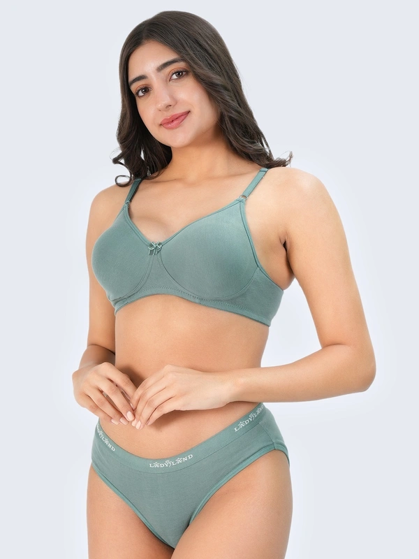 Ladyland Bra & Panty Set Solid Green Lingerie Set - 30B, 100, Green, Full Coverage, Cotton, Hand wash, All Days Comfortable, Non Wired, Regular, B, Branded Box, N/A, Non Padded, Women, 1