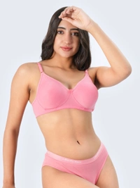 Ladyland Bra & Panty Set Solid Green Lingerie Set - 30B, 100, PEACH, Full Coverage, Cotton, Hand wash, All days Comfortable, Regular, Branded Box, Non wired, B, Non Padded, Women, 1