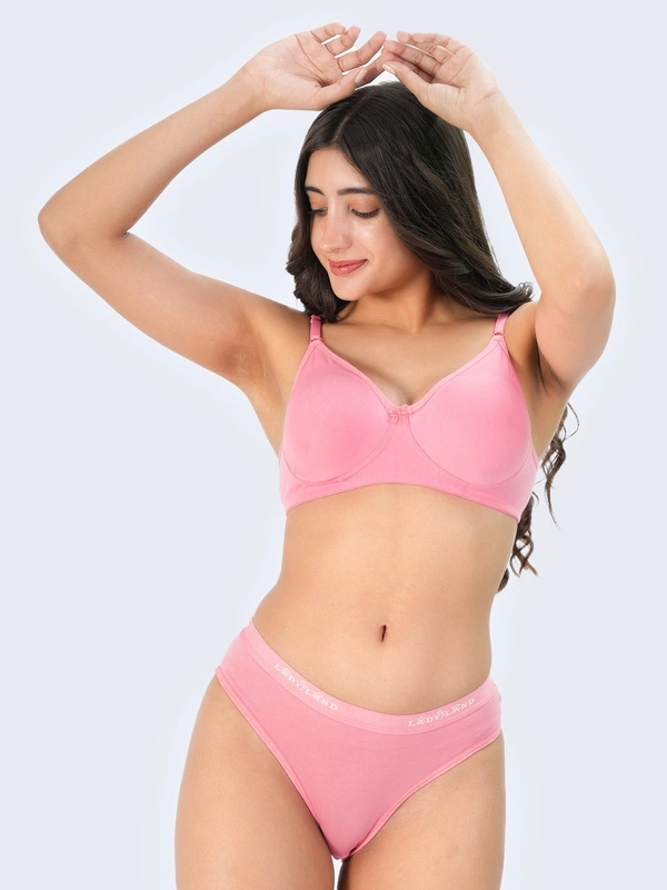 Ladyland Bra & Panty Set Solid Green Lingerie Set - 30B, 100, PEACH, Full Coverage, Cotton, Hand wash, All days Comfortable, Regular, Branded Box, Non wired, B, Non Padded, Women, 1