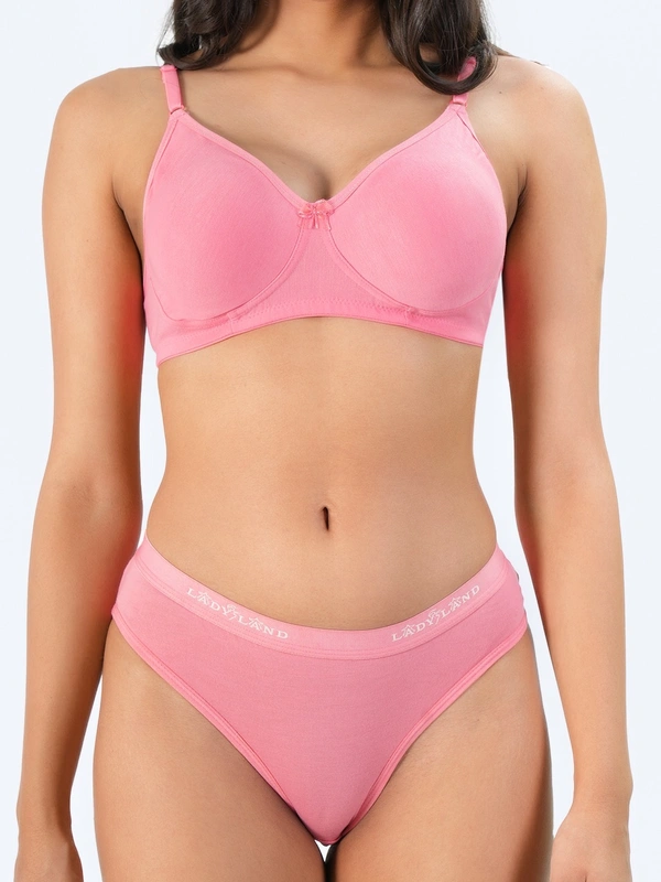 Ladyland Bra & Panty Set Solid Green Lingerie Set - 30B, 100, PEACH, Full Coverage, Cotton, Hand wash, All days Comfortable, Regular, Branded Box, Non wired, B, Non Padded, Women, 1