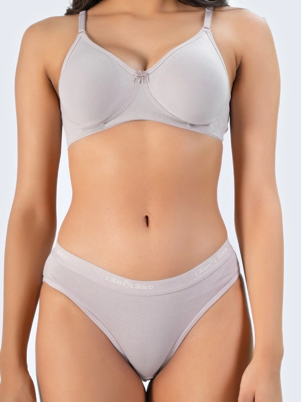 Ladyland Bra & Panty Set Solid Green Lingerie Set - 30B, 100, Grey, Full Coverage, Cotton, Hand wash, All days Comfortable, Regular, Branded Box, Non Wired, B, Non Padded, Women, 1