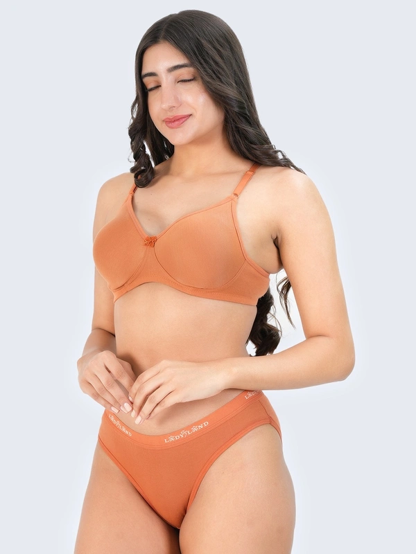 Ladyland Bra & Panty Set Solid Green Lingerie Set - 30B, 100, Orange, Full Coverage, cotton, Hand wash, All days Comfortable, Regular, Branded Box, Non wired, B, Non Padded, Women, 1
