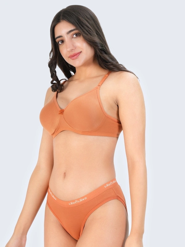 Ladyland Bra & Panty Set Solid Green Lingerie Set - 30B, 100, Orange, Full Coverage, cotton, Hand wash, All days Comfortable, Regular, Branded Box, Non wired, B, Non Padded, Women, 1