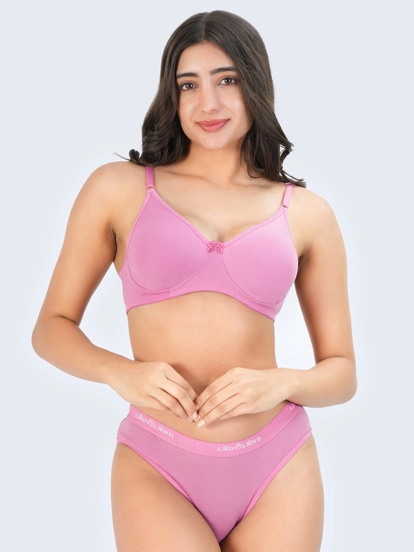 Ladyland Bra & Panty Set Solid Green Lingerie Set - 30B, 100, Pink, full Coverage, Cotton, Hand wash, All days Comfortable, Regular, Branded Box, Non wired, B, Non Padded, Women, 1
