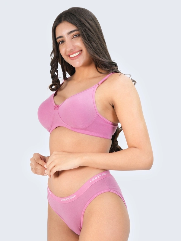 Ladyland Bra & Panty Set Solid Green Lingerie Set - 30B, 100, Pink, full Coverage, Cotton, Hand wash, All days Comfortable, Regular, Branded Box, Non wired, B, Non Padded, Women, 1