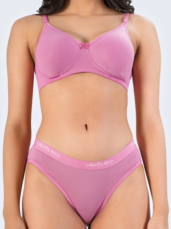 Ladyland Bra & Panty Set Solid Green Lingerie Set - 30B, 100, Pink, full Coverage, Cotton, Hand wash, All days Comfortable, Regular, Branded Box, Non wired, B, Non Padded, Women, 1