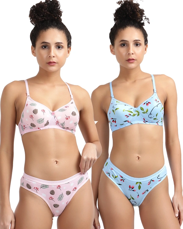 Ladyland Seamless mould Cup padded Lingerie set pack of 2 - 32B, Pink::Light Blue