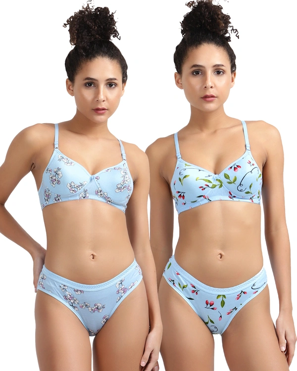 Ladyland Seamless mould Cup padded Lingerie set pack of 2 - 30B, Blue::Blue