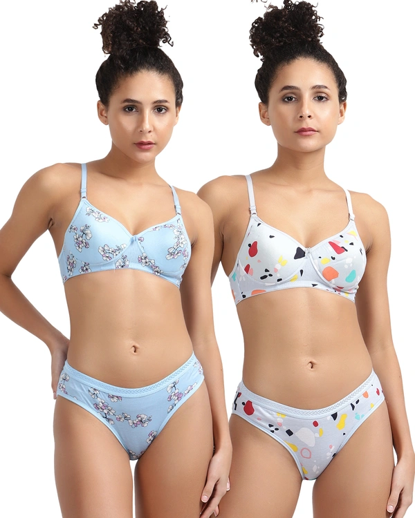 Ladyland Seamless mould Cup padded Lingerie set pack of 2 - 32B, Light Blue::Grey