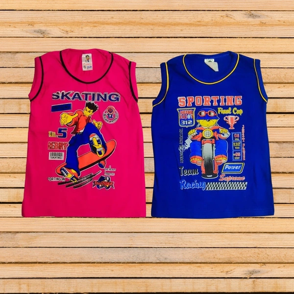 (Size 1-3 Years) Kids Cotton Printed Sleeveless Tshirt. - Red Violet, 1-2 Years