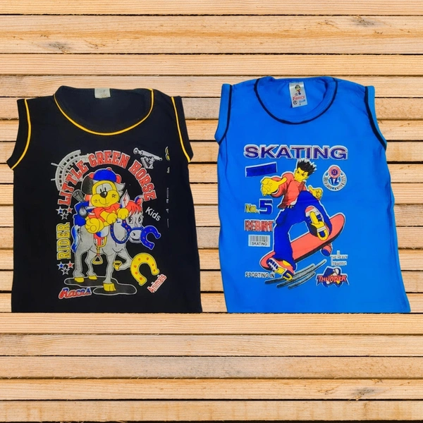(Size 1-3 Years) Kids Cotton Printed Sleeveless Tshirt. - Black, 1-2 Years