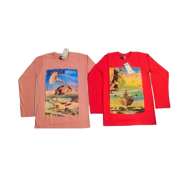 (Size L) Fancy Modern Men's Full Sleeve T-shirt. - L, Peach+Red