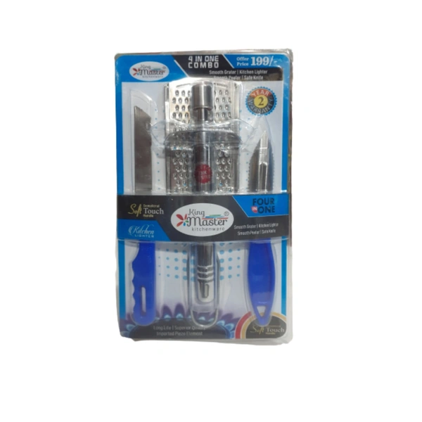 King Master 4 in 1 Combo - Smooth grater, kitchen Lighter, Peeler , Safe Knife - 4 Pieces Set